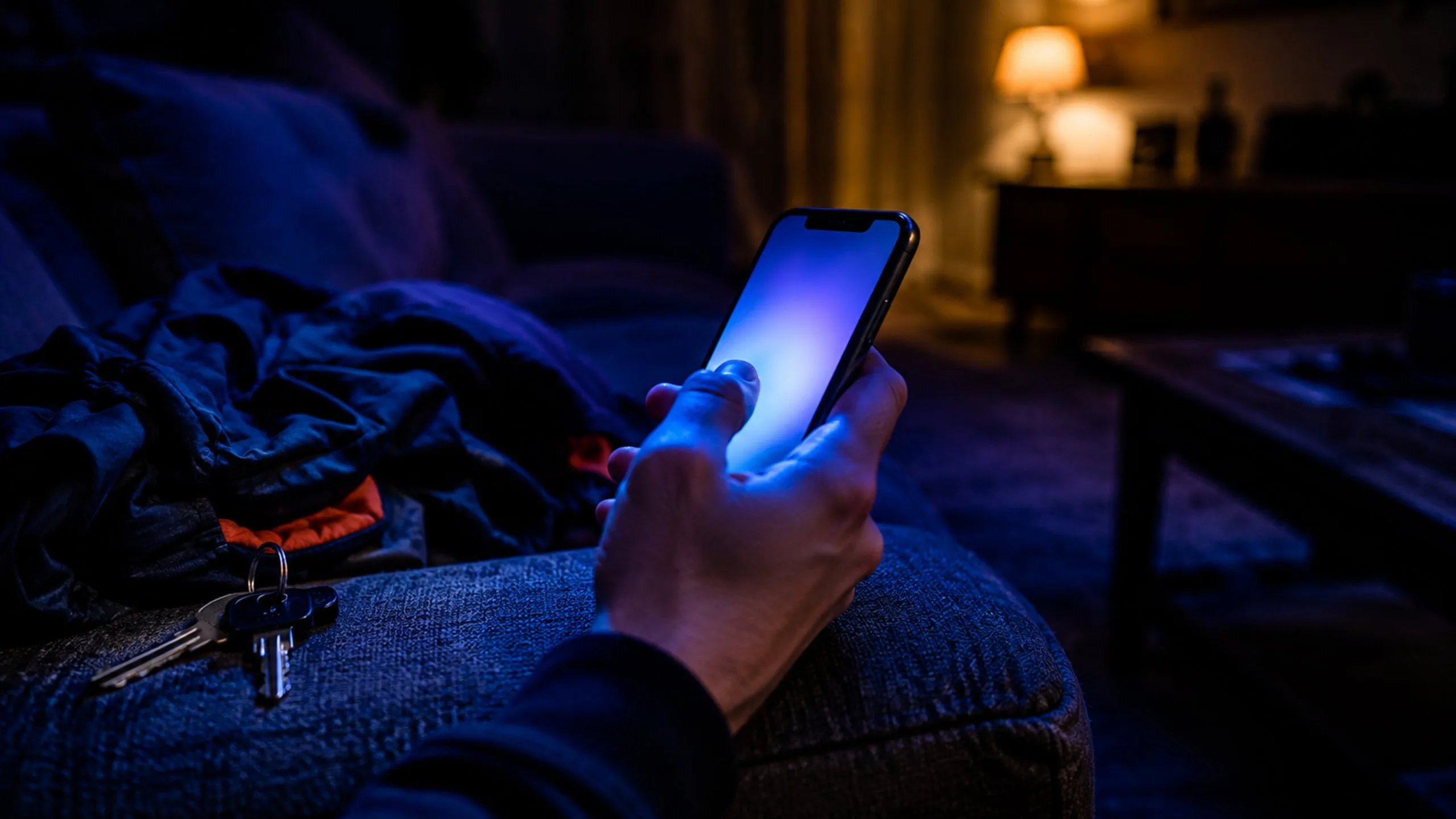 Eine Fachkraft prüft abends auf dem Sofa die Karriereseite eines Betriebs am Smartphone