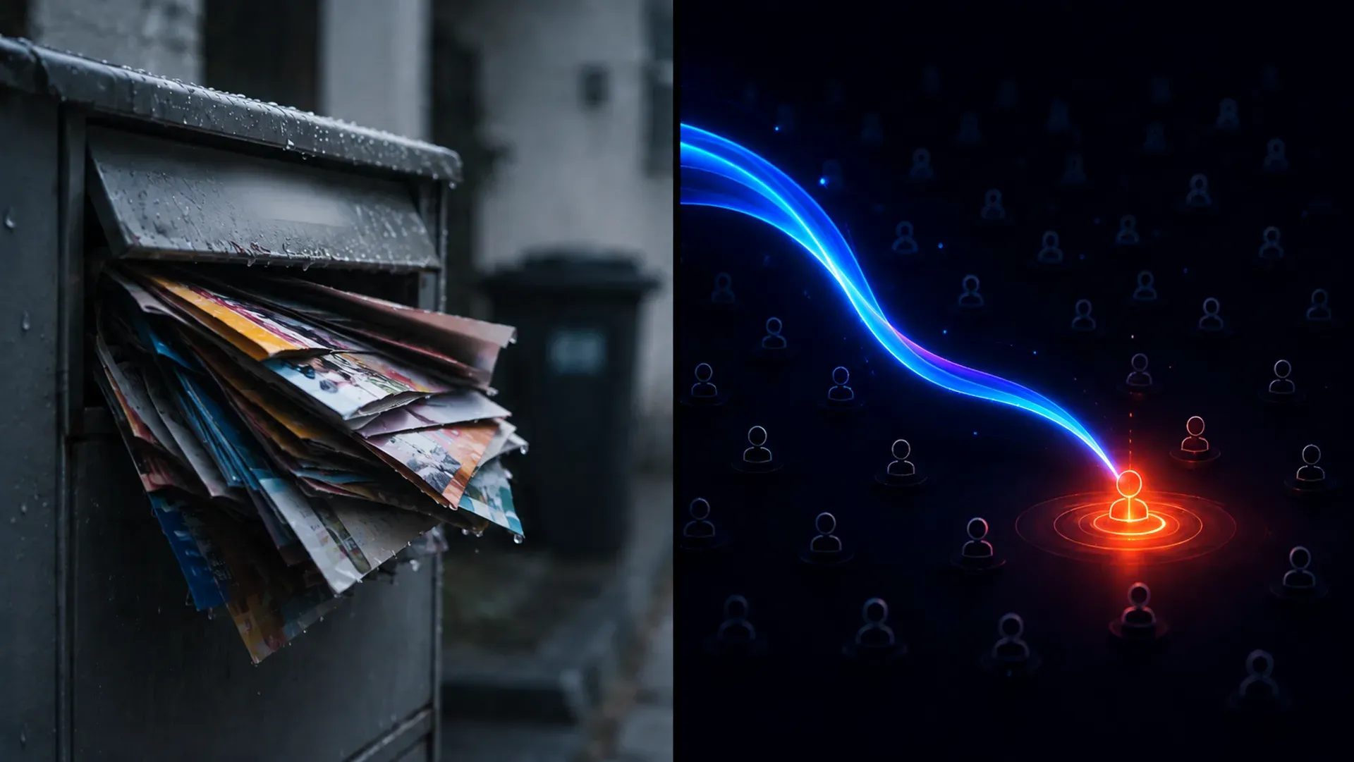 Links ein überquellender Briefkasten voller Werbeprospekte im Regen, rechts eine gezielte digitale Ausspielung an eine einzelne ausgewählte Person — Streuverlust gegen Zielgenauigkeit