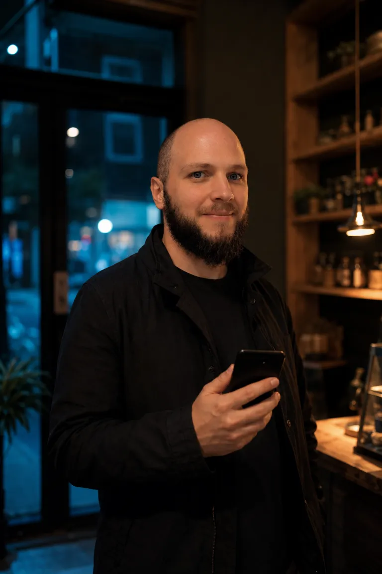 Miguel Egaña Silva mit Smartphone in einem Ladengeschäft — Google-Unternehmensprofil und Local Listing vor Ort